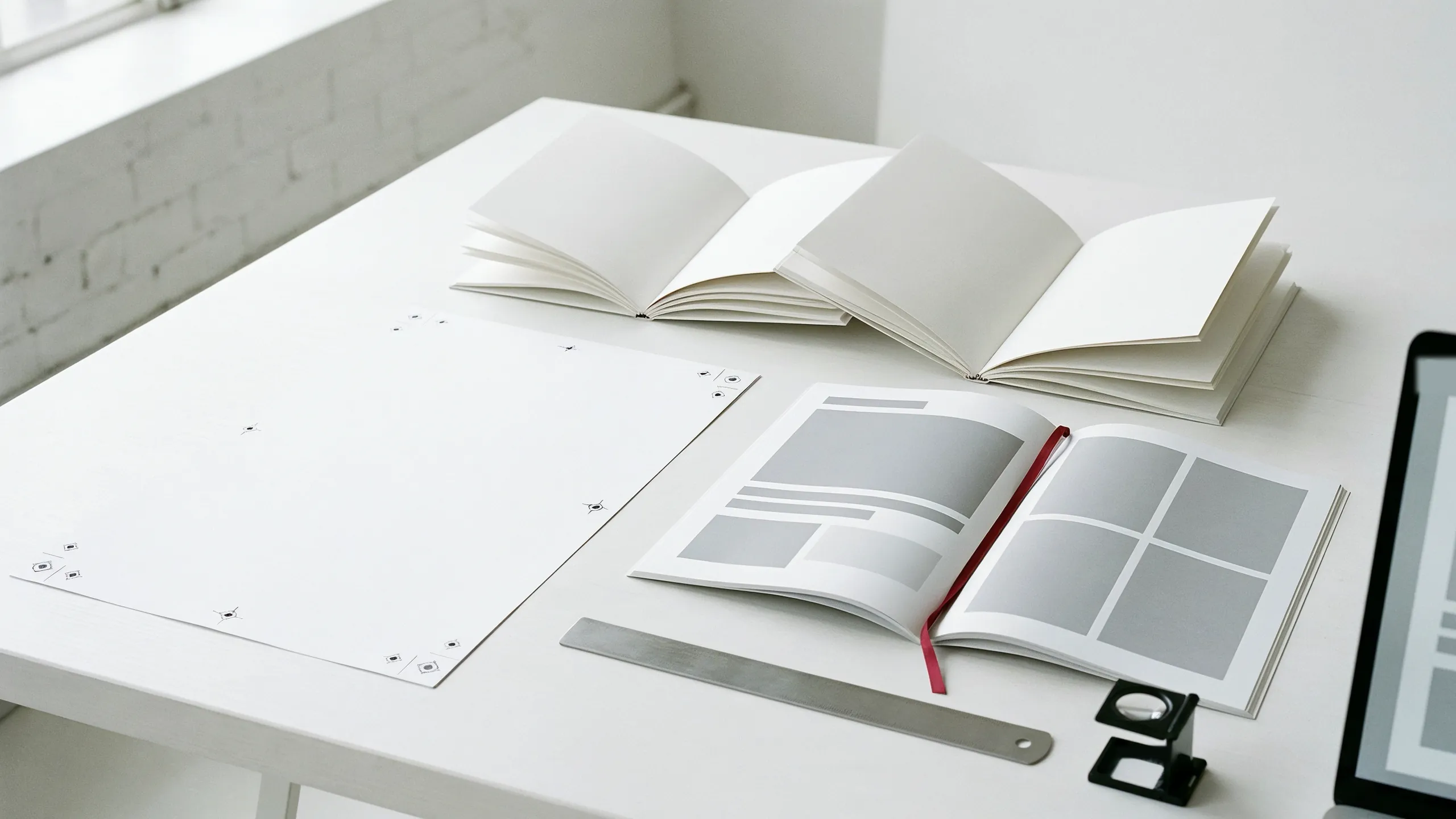 Ein heller Arbeitstisch mit aufgeschlagenen Buchbögen, einem Magazin mit rotem Lesebändchen, einem Andruck mit Passermarken, Lineal, Fadenzähler und einem Laptop.