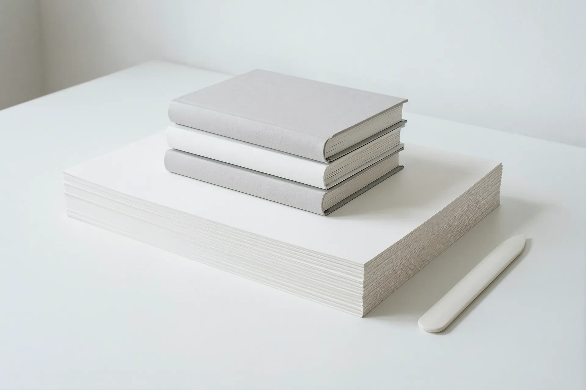 Gebundene Bücher in Grau und Weiß liegen auf einem Stapel Druckbögen, daneben ein Falzbein.