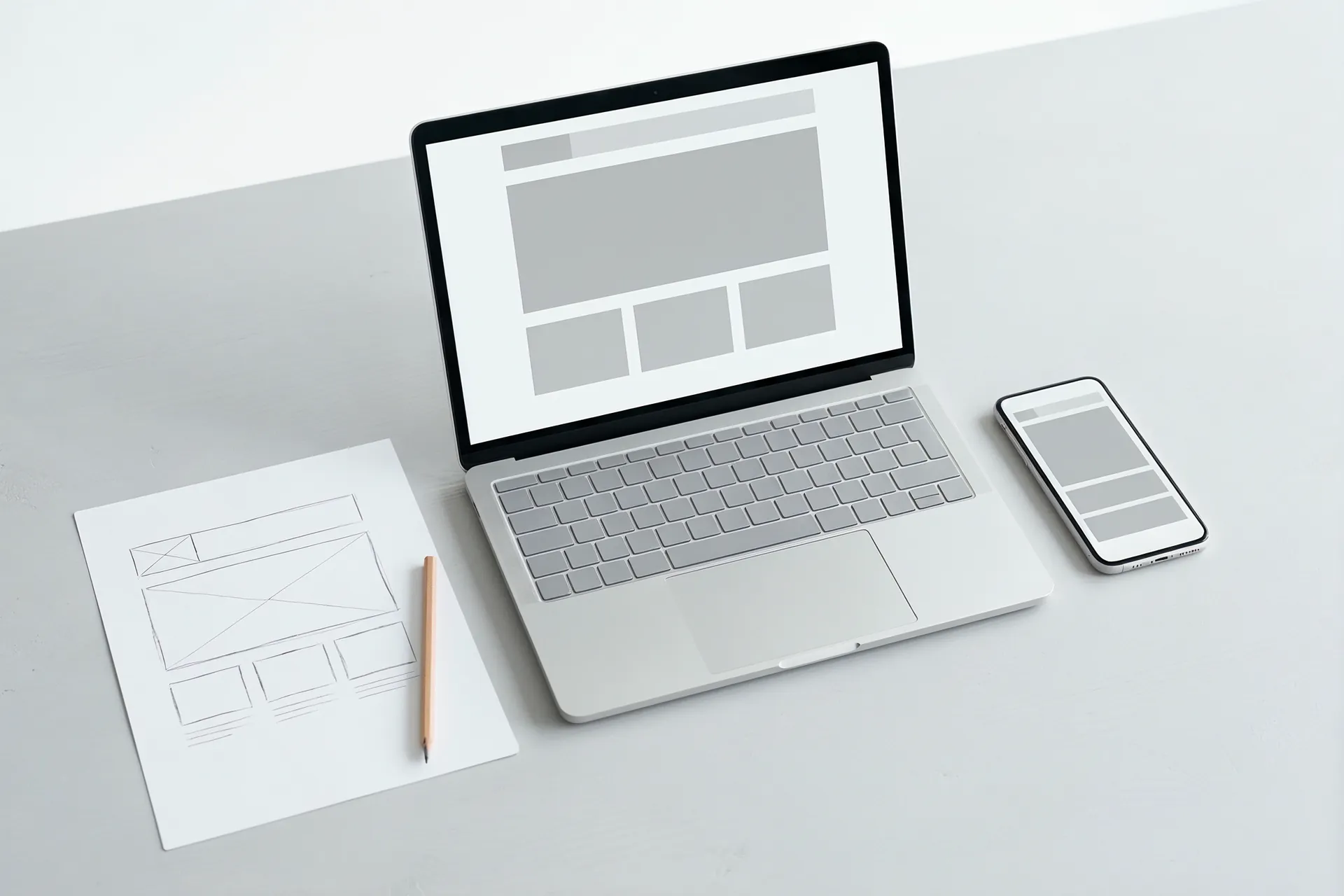 Laptop und Smartphone zeigen dasselbe graue Seitenraster, daneben liegt eine Bleistiftskizze der Seite.