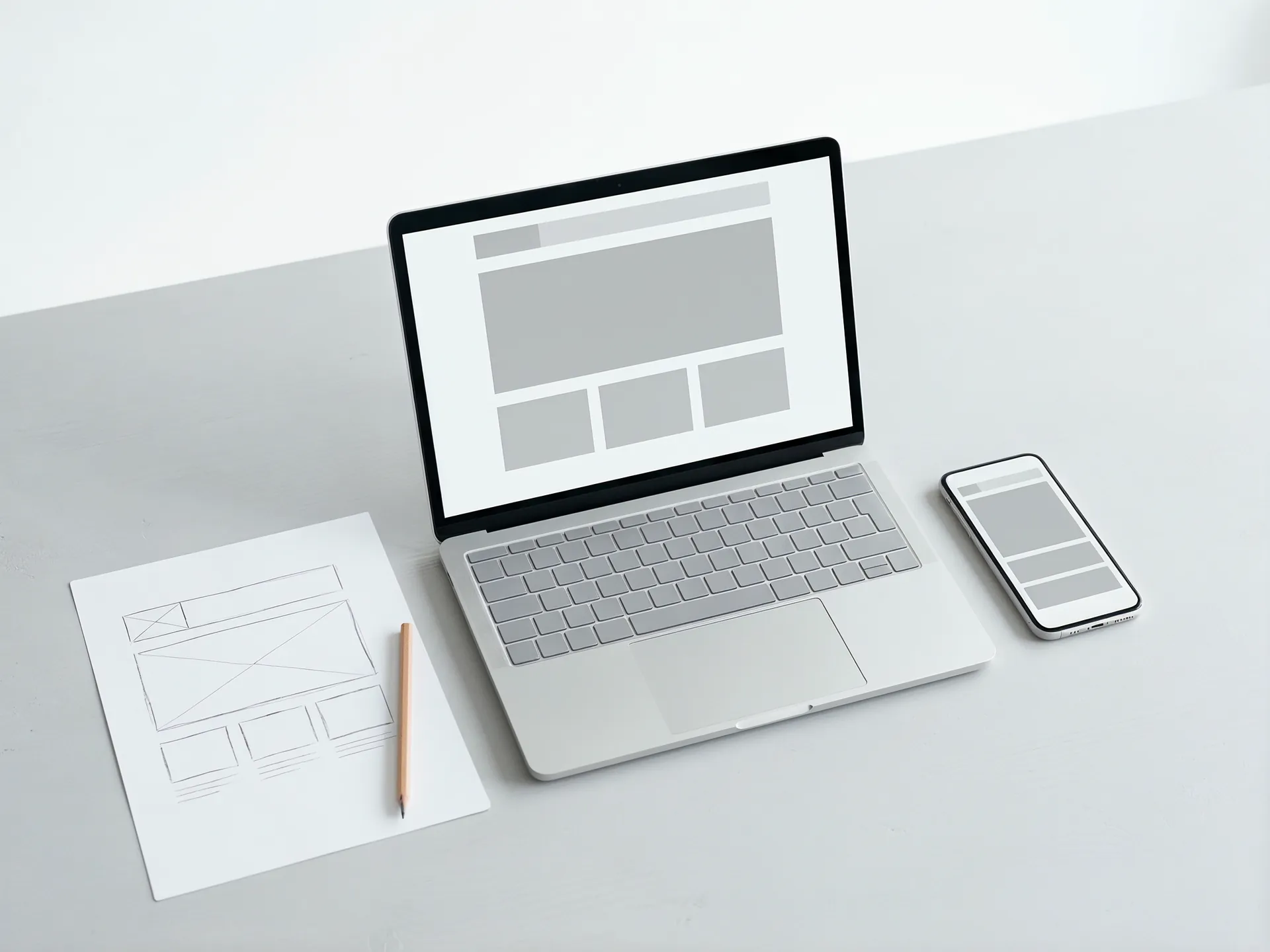 Laptop und Smartphone zeigen dasselbe graue Seitenraster, daneben liegt eine Bleistiftskizze der Seite.