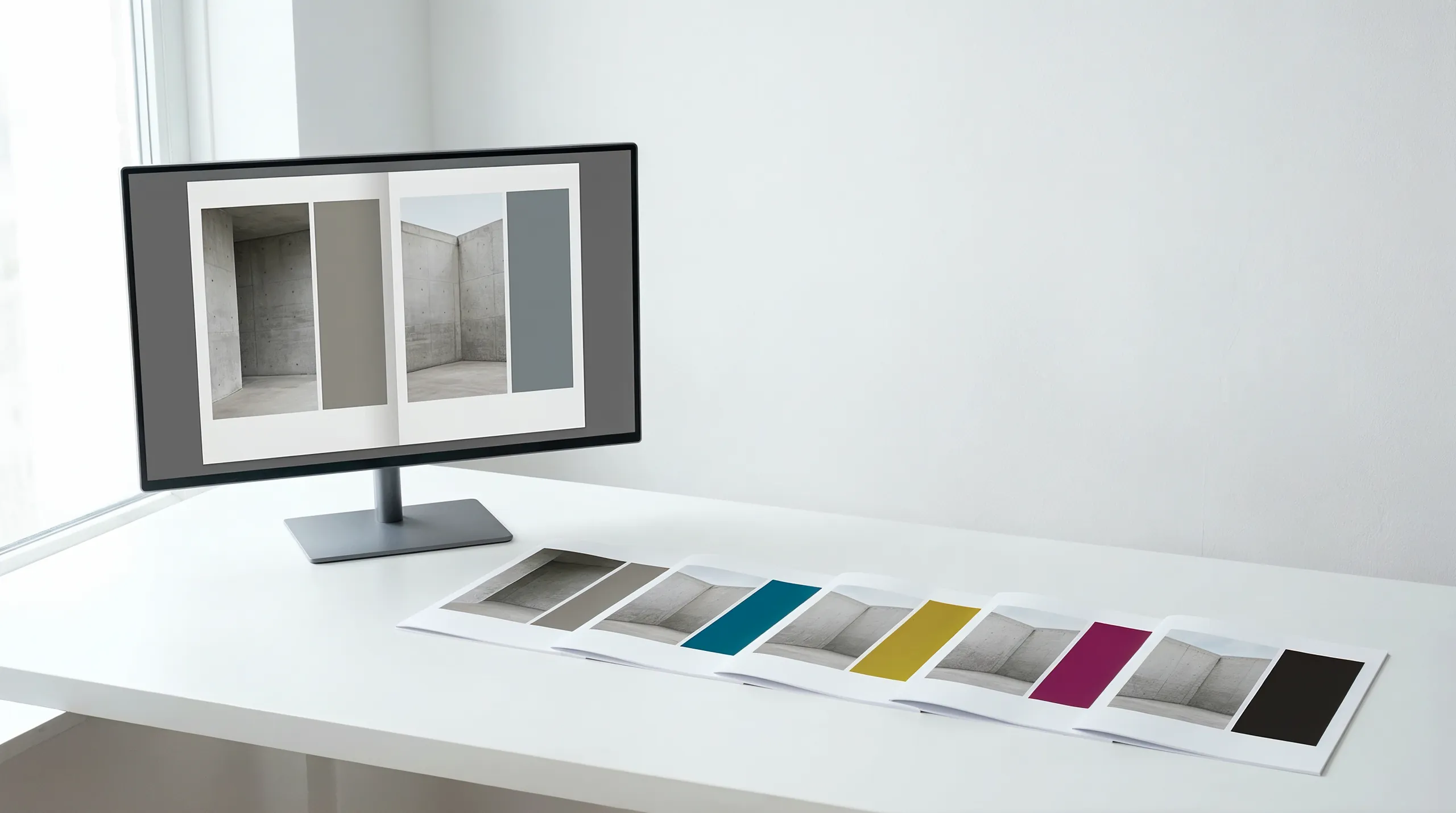 Ein Monitor zeigt eine Katalog-Doppelseite. Davor liegen fünf gedruckte Fassungen derselben Seite, die sich nur in einem Farbfeld unterscheiden.