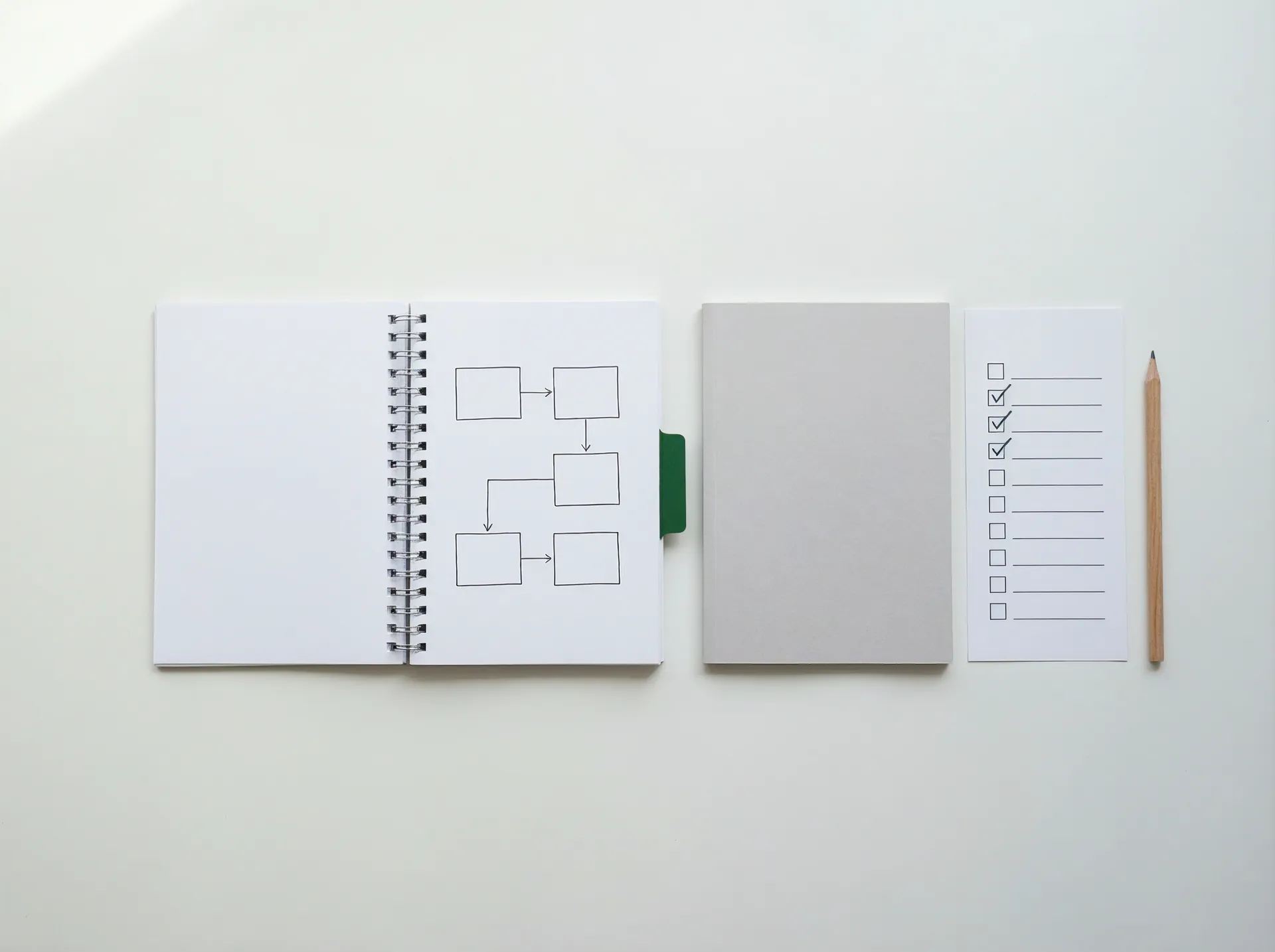 Ein Übergabe-Set liegt in einer Reihe: ein aufgeschlagenes Handbuch mit Ablaufdiagramm und grünem Registerreiter, ein Katalog, eine Checkliste mit drei abgehakten Punkten und ein Bleistift.