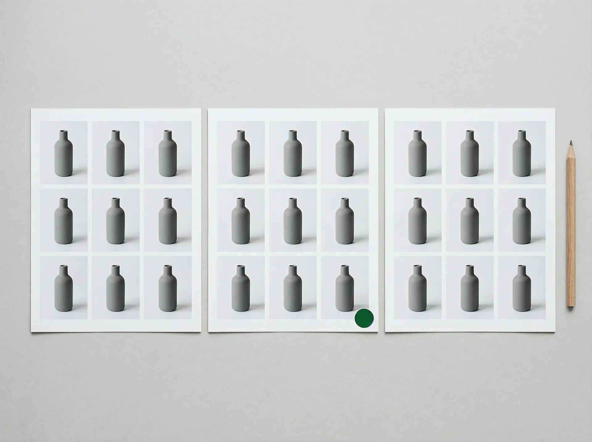 Drei ausgedruckte Kontaktbögen liegen nebeneinander, jeder mit neun gleich aufbereiteten Produktfotos derselben grauen Keramikflasche. Auf dem mittleren Bogen sitzt ein grüner Klebepunkt.