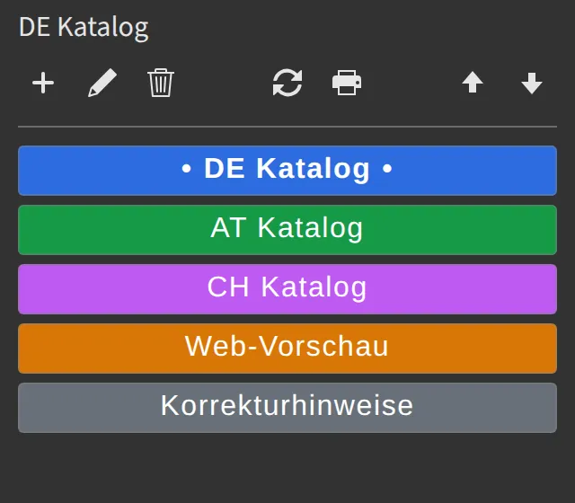 D7versions-Panel in InDesign, dunkle Oberfläche: farbige Versionsbuttons, eine Version ist aktiv.