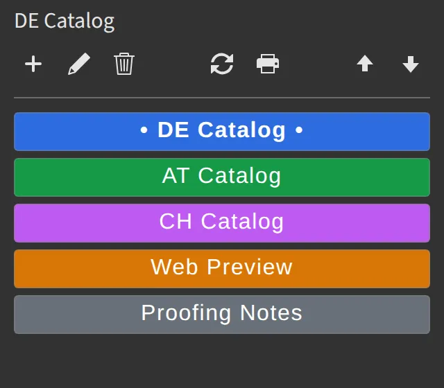 D7versions panel in InDesign, dark surface: colored version buttons, one version active.