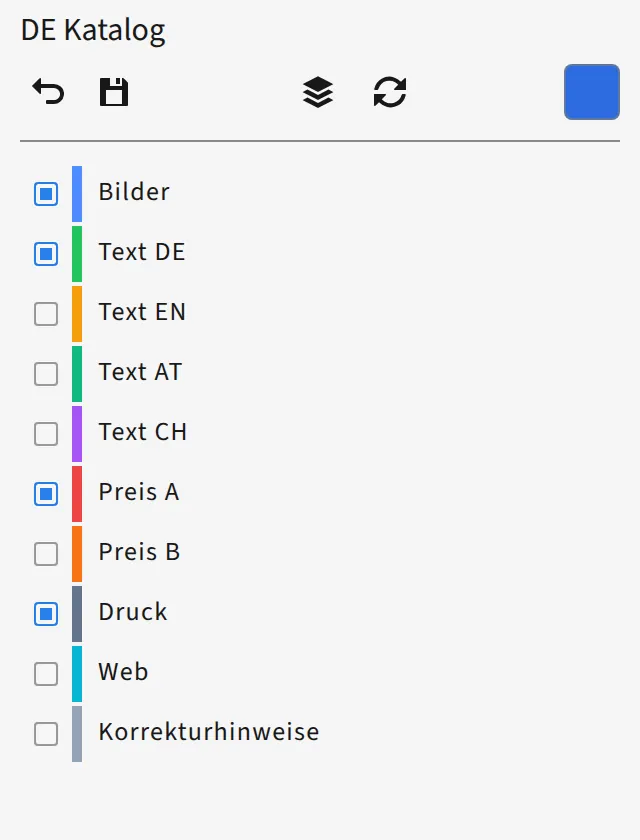 Bearbeiten einer Layerversion in D7versions: Ebenen mit Kontrollkästchen und Filtern.