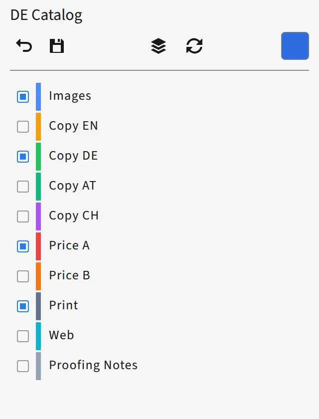 Editing a layer version in D7versions: layers with checkboxes and filters.