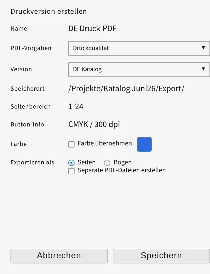 Exporteinstellungen einer Druckversion: PDF-Vorgabe, Seitenbereich und Ausgabeordner.