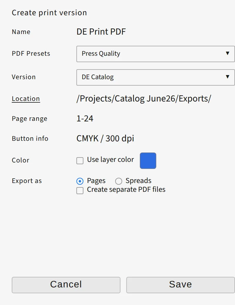 Export settings for a print version: PDF preset, page range, and output folder.