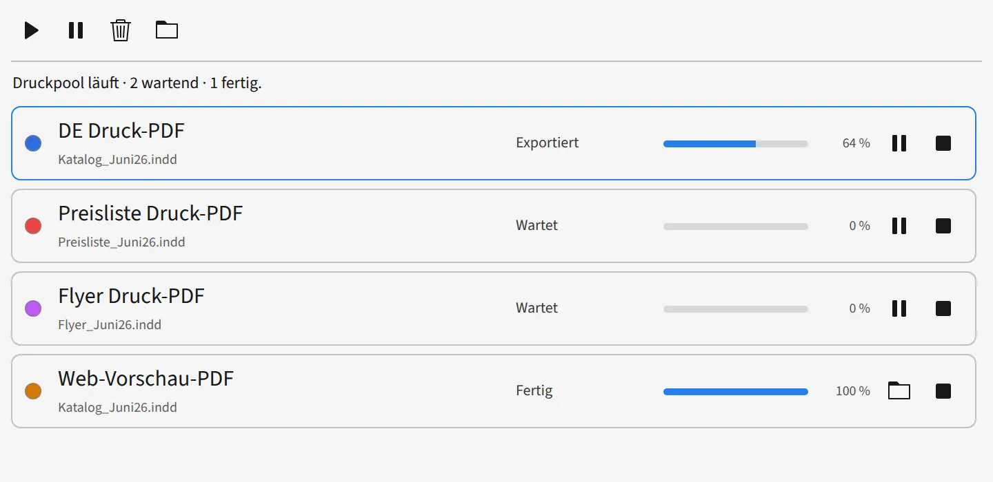 Druckpool von D7versions: Warteschlange mit mehreren Dokumenten, Pause und Stopp.