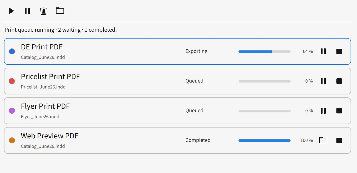 D7versions print pool: a queue of several documents, with pause and stop.