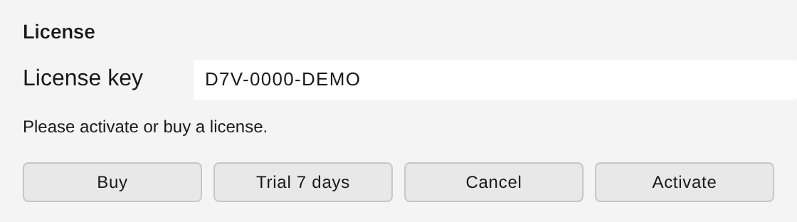 License dialog with “License key” and the buttons “Buy”, “Trial 7 days”, “Cancel”, “Activate”