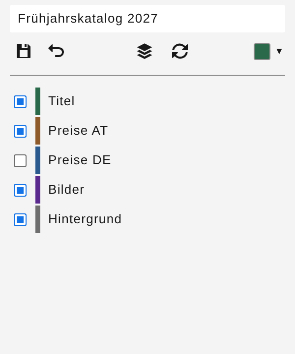 Bearbeitungsansicht mit Namensfeld, Farbwähler, Filter, Aktualisieren-Symbol und Ebenentabelle mit Kontrollkästchen