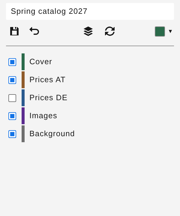 Edit view with name field, color picker, filter, refresh icon, and the layer table with checkboxes
