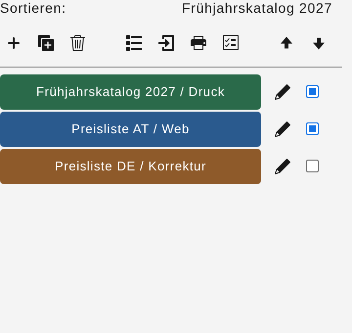 Druckdialog mit Status „Sortieren:“, Versionszeilen, Stift, Kontrollkästchen und Symbolleiste