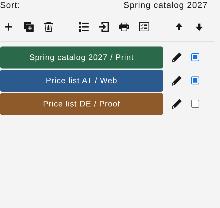 Print dialog with status “Sort:”, version rows, pencil, checkbox, and toolbar