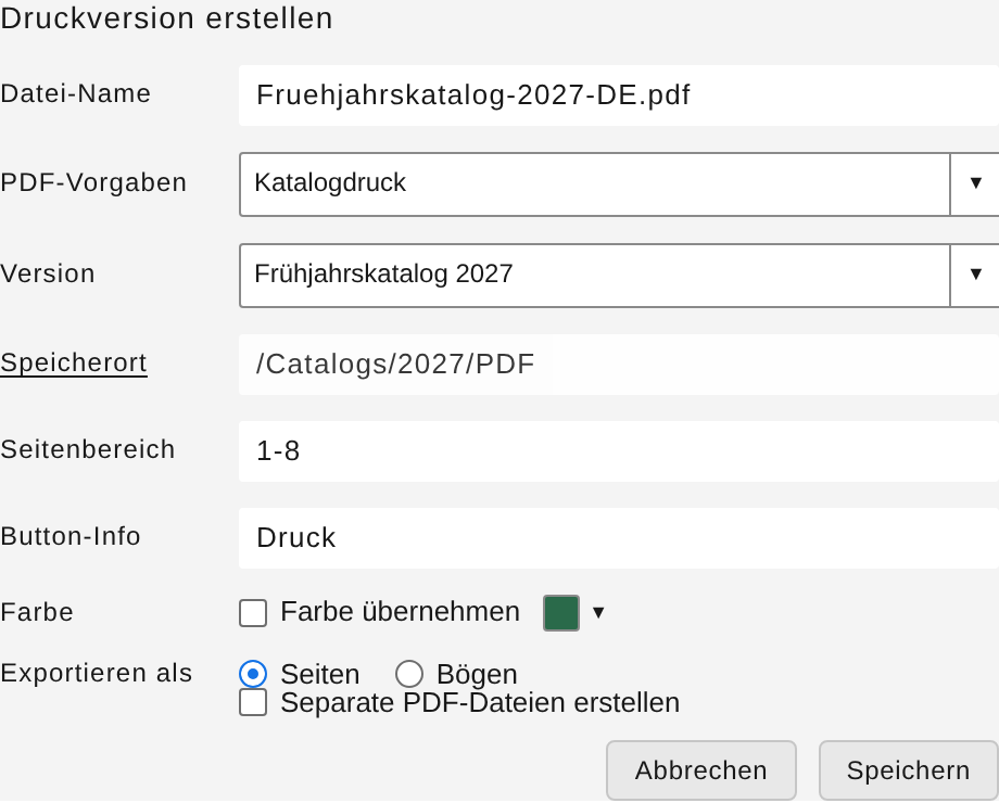 Formular „Druckversion erstellen“ mit allen Feldern und „Speichern“