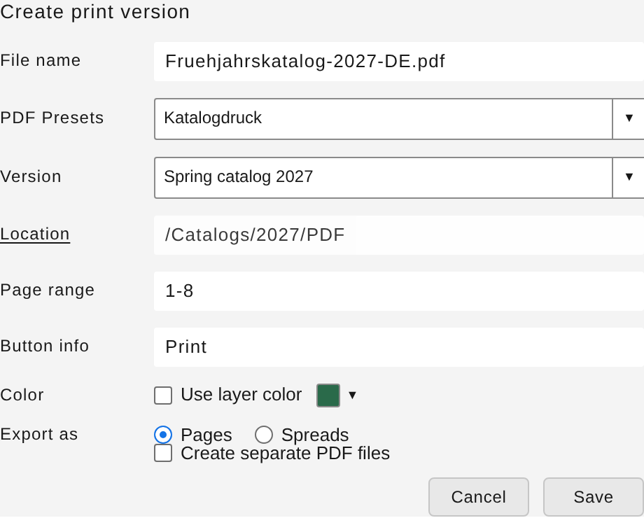 “Create print version” form with every field and “Save”
