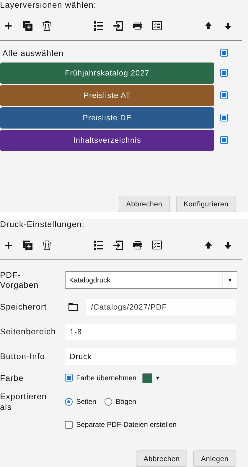 Assistent Phase 1 mit Layerversionen und „Konfigurieren“; zweite Aufnahme der Druck-Einstellungen mit „Anlegen“