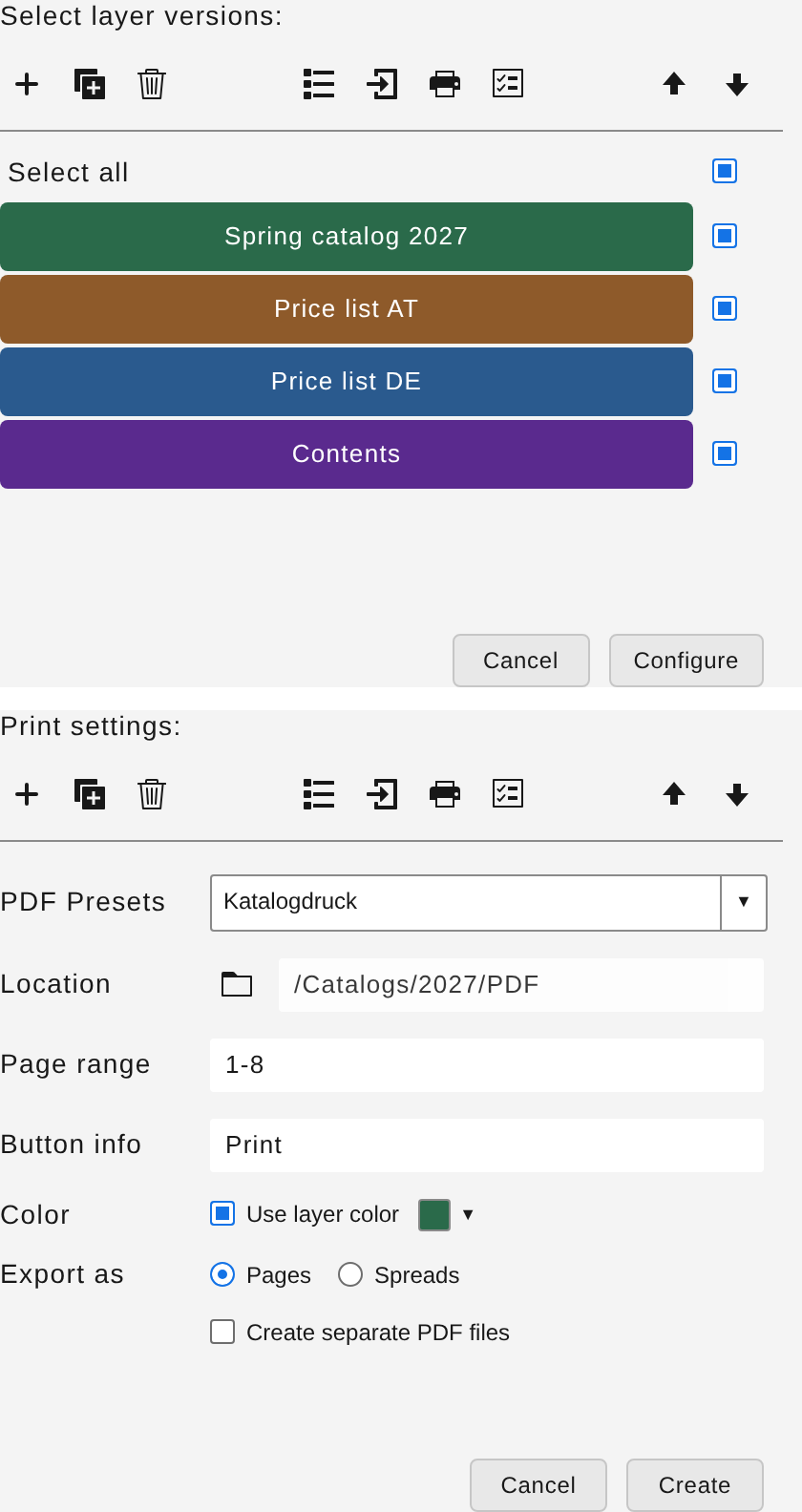 Wizard phase 1 with layer versions and “Configure”; a second shot of print settings with “Create”