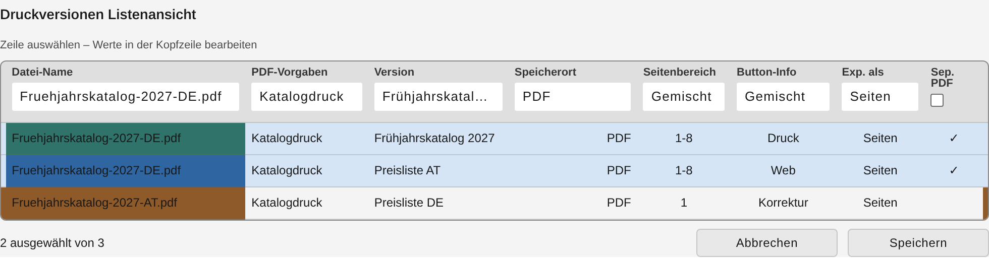 Breite Tabelle „Druckversionen Listenansicht“ mit Kopfzeilen-Feldern und markierten Zeilen