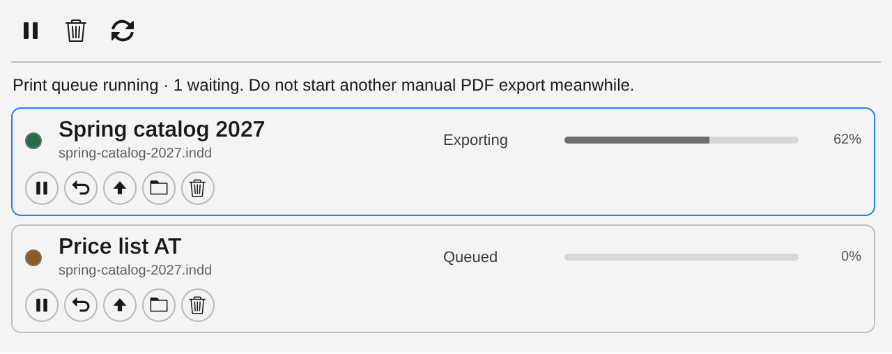 Print queue with one running job and one waiting job, progress bars, and round action icons