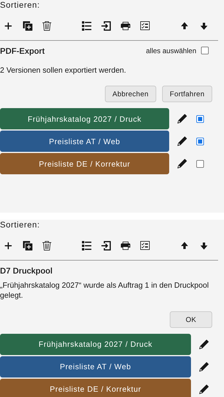 Auswahl „PDF-Export“ mit „Fortfahren“ und danach das Banner „D7 Druckpool“