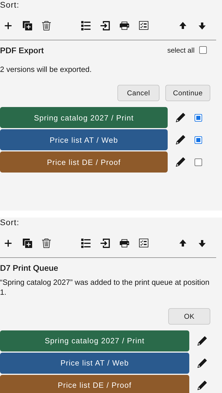“PDF Export” selection with “Continue”, then the “D7 Print Queue” banner