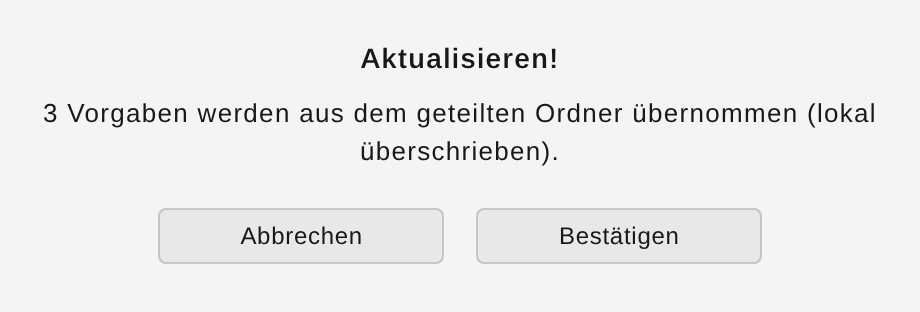 Bestätigung „Aktualisieren!“ mit „Abbrechen“ und „Bestätigen“