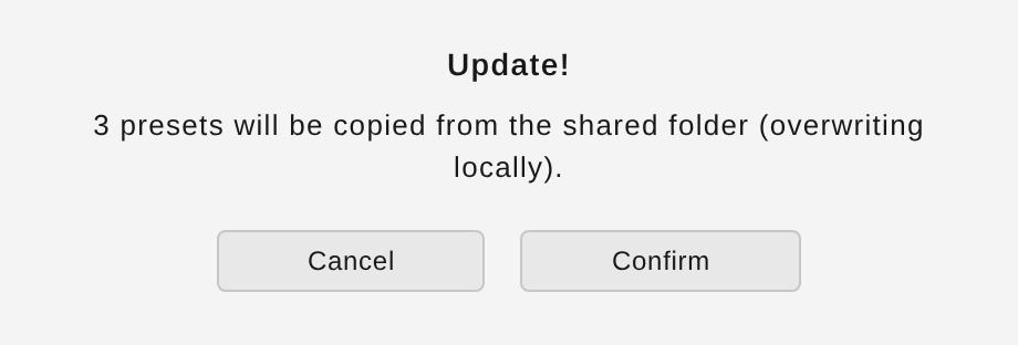 “Update!” confirmation with “Cancel” and “Confirm”
