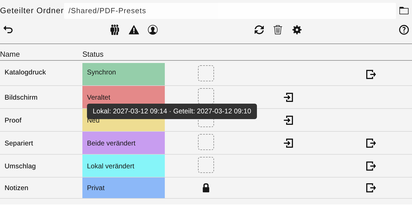 Tabelle mit je einer Zeile pro Statusfarbe und dem Zeit-Tooltip