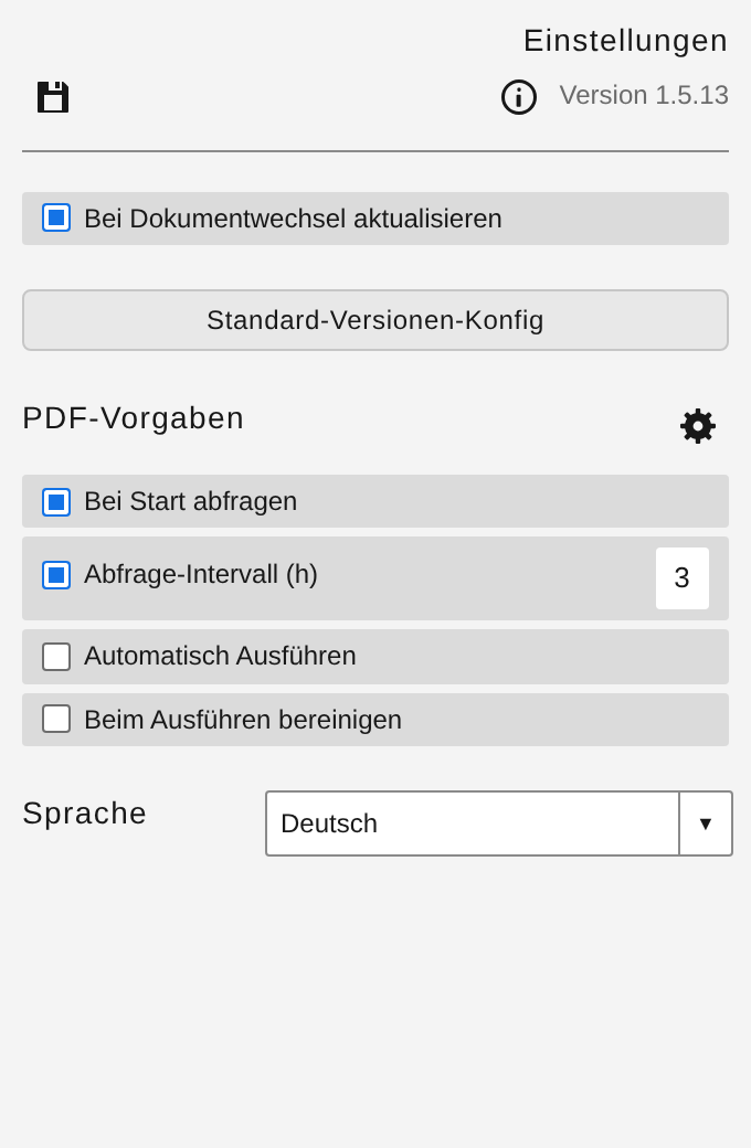 Einstellungen mit PDF-Vorgaben, Sprache und Speichern