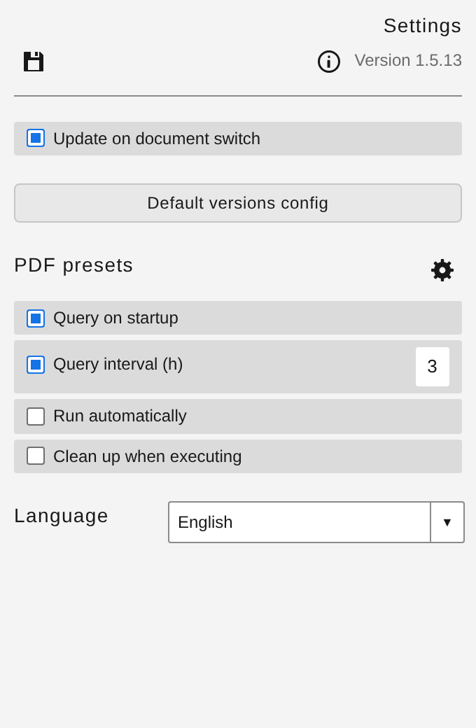 Settings with PDF presets, language, and Save