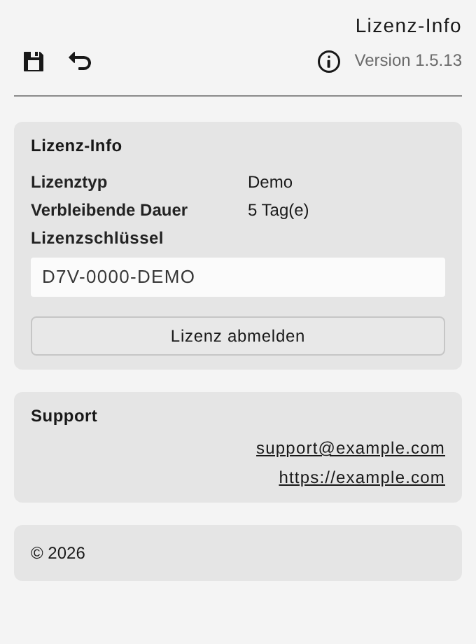 Info-Ansicht mit Lizenztyp, Restdauer, Schlüssel und „Lizenz abmelden“