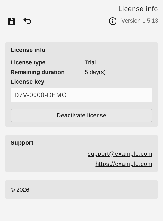 Info view with license type, remaining duration, key, and “Deactivate license”